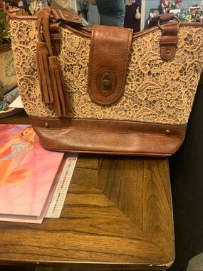 Lace-Front Tote with Brown Faux-Leather Trim - Women Bags